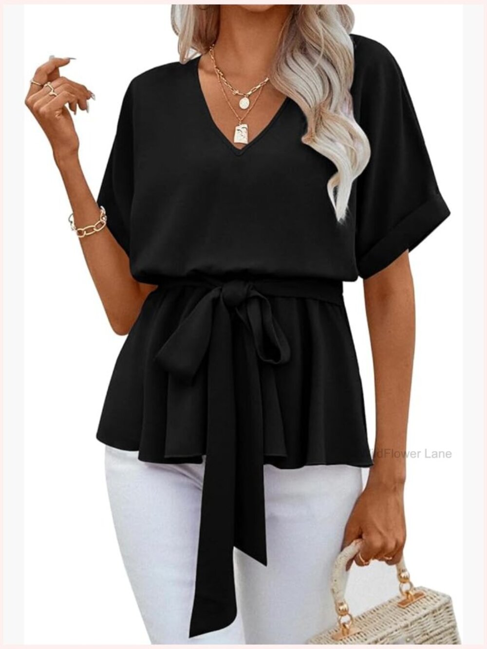 V Neck Short Sleeve Belted Blouse Tee Tops